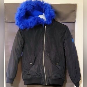 Calvin Klein Girls Bomber Coat Size 12 With Removable Blue Faux Fur Hood